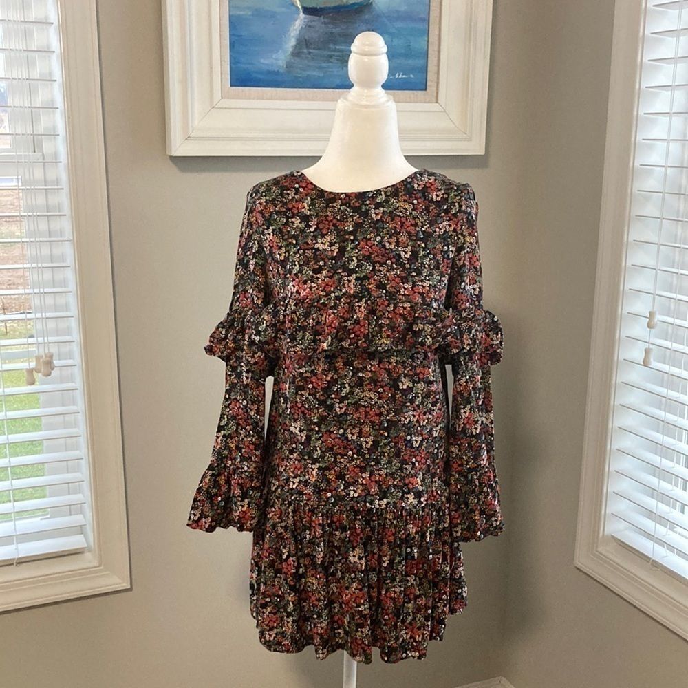 Zara Trafaluc Collection Black Floral Boho Tiered Ruffle Fall Tunic Mini Dress - Picture 3 of 16